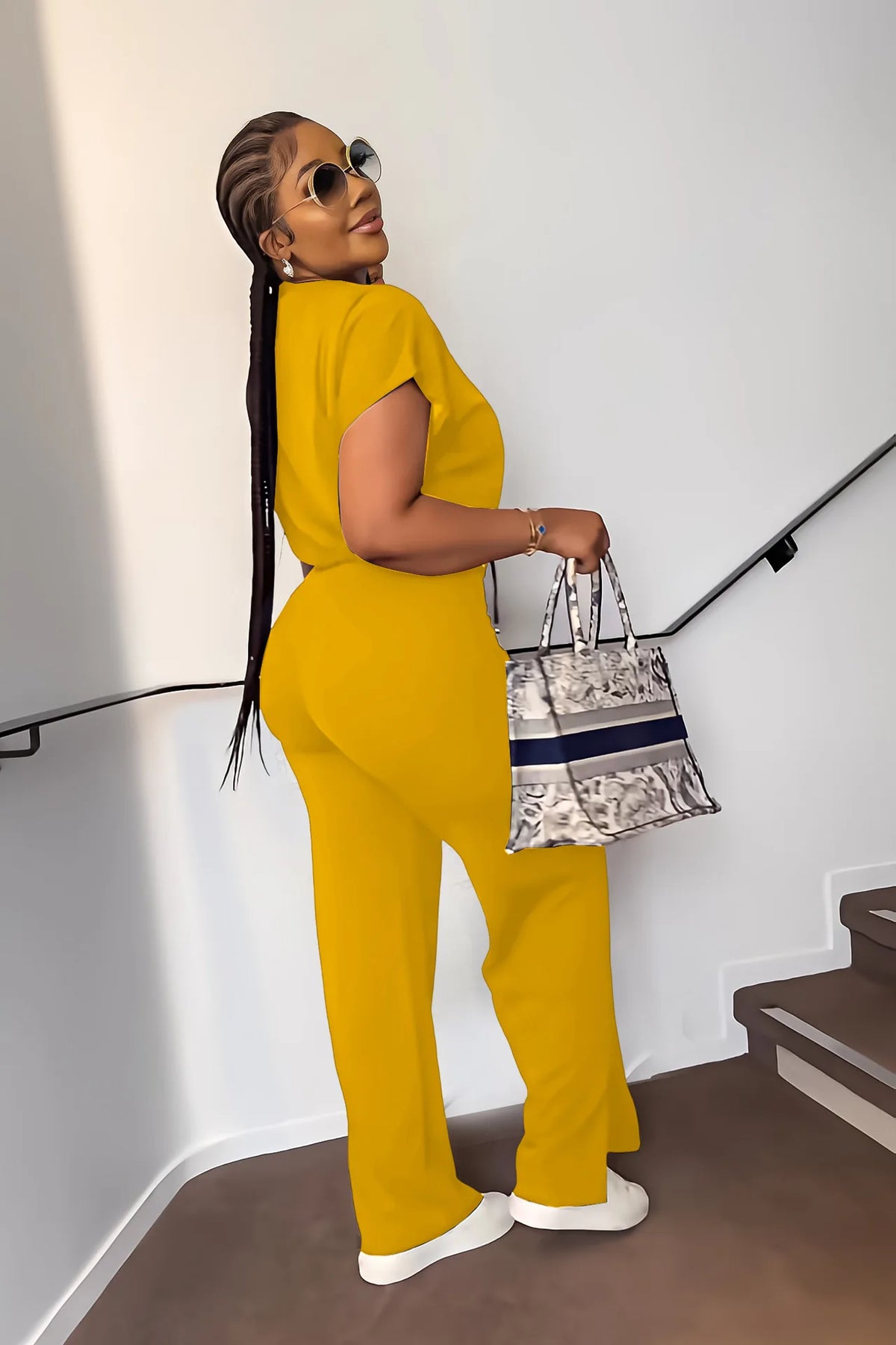 Women Casual Short Sleeve Drawstring Top and High Waist Pants Set