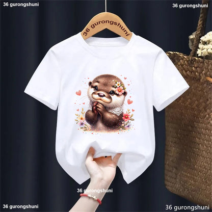 Kawaii Otter Love Printed T-Shirt for Kids