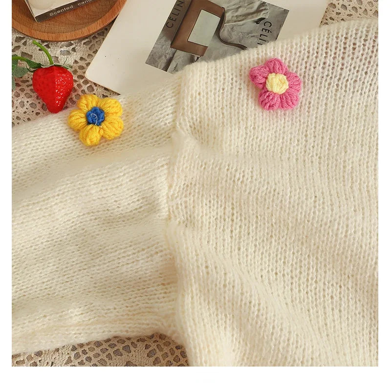 Applique Flower V-Neck Knit Cardigan for Women
