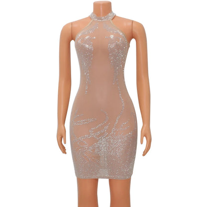 Rhinestone Mesh Bodycon Mini Dress for Women
