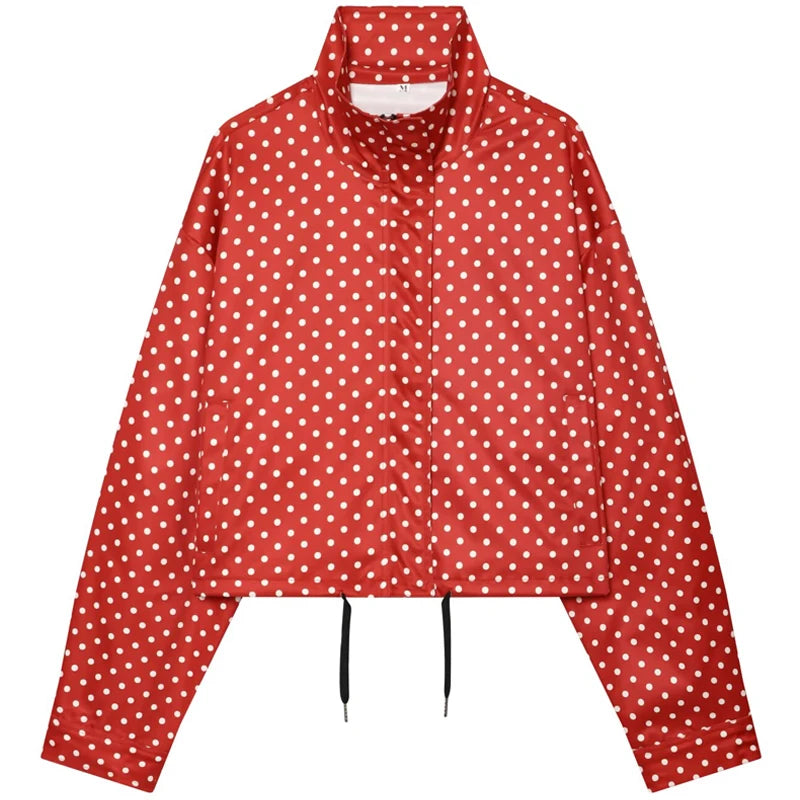 Polka Dot Bomber Jacket Women's Zip Up Crop Coat