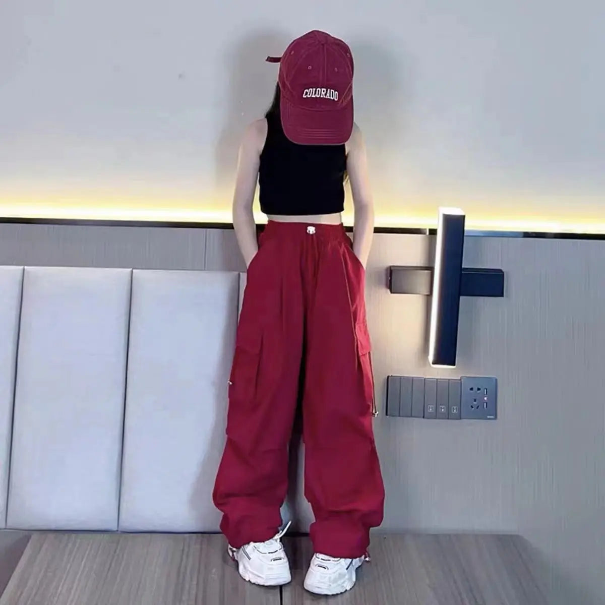 Girls Cargo Pants Cotton Polyester Black Grey Red