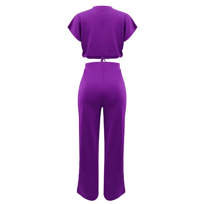 Women Casual Short Sleeve Drawstring Top and High Waist Pants Set