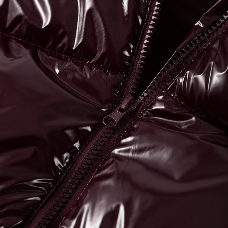 Solid Glossy Zipper Hooded Coat Women's Cotton Jacket