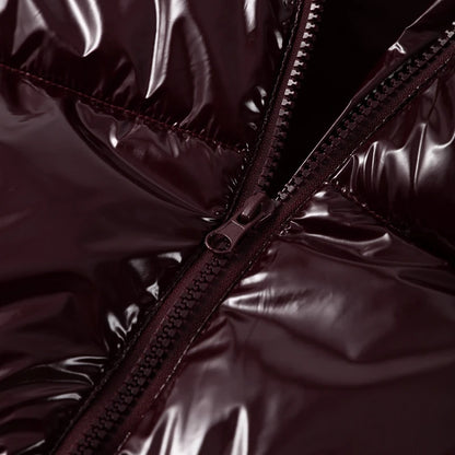 Solid Glossy Zipper Hooded Coat Women's Cotton Jacket