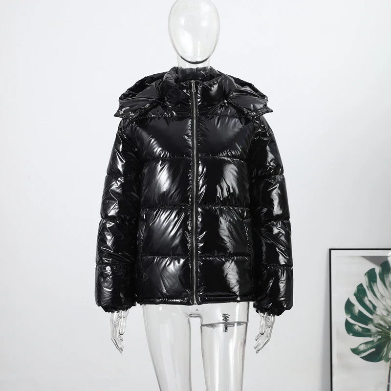 Solid Glossy Zipper Hooded Coat Women's Cotton Jacket