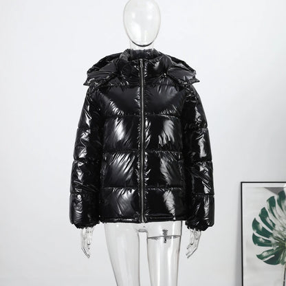 Solid Glossy Zipper Hooded Coat Women's Cotton Jacket