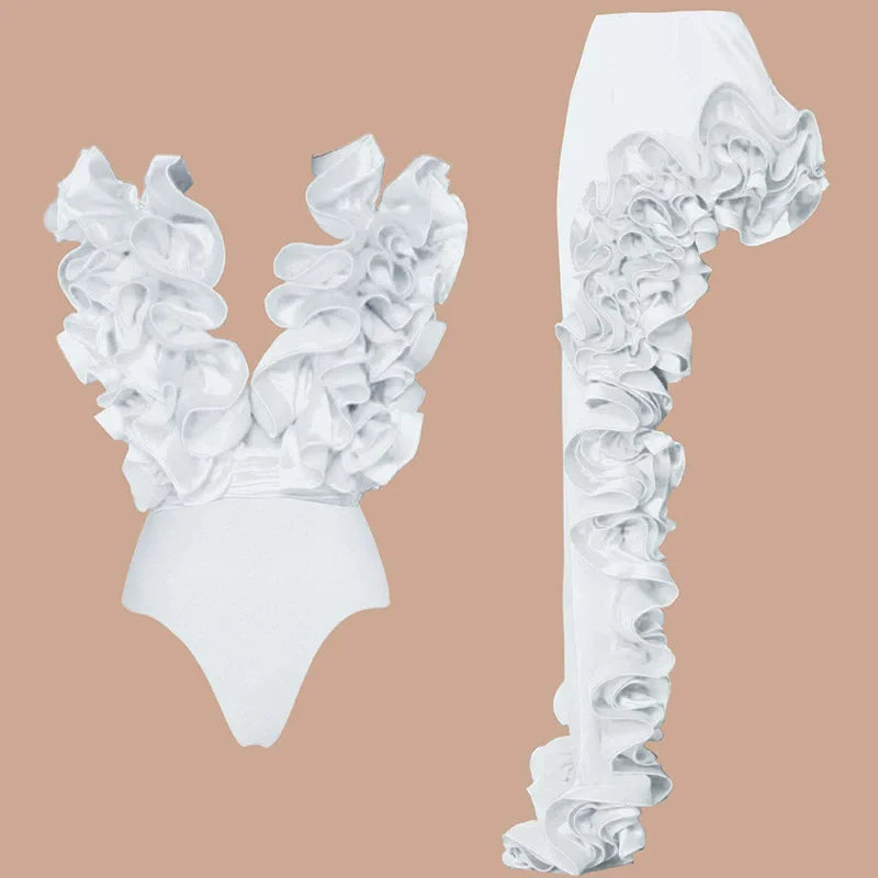 CM.YAYA Women Ruffled Asymmetrical V-Neck Bodysuit and Long Skirt Set