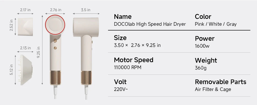 DOCO High Speed Hair Dryer 1600W Negative Ion Care