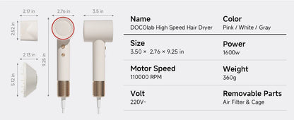 DOCO High Speed Hair Dryer 1600W Negative Ion Care