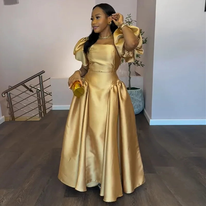 Gold Solid A-line Maxi Dress with Puff Sleeves