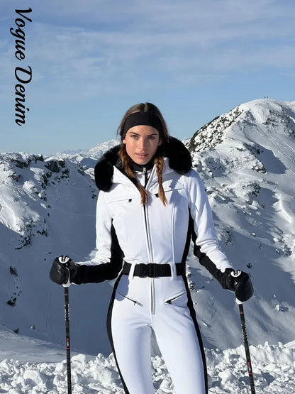 Casual Fur-Trimmed Hooded Ski Suit Women Warm Jumpsuit