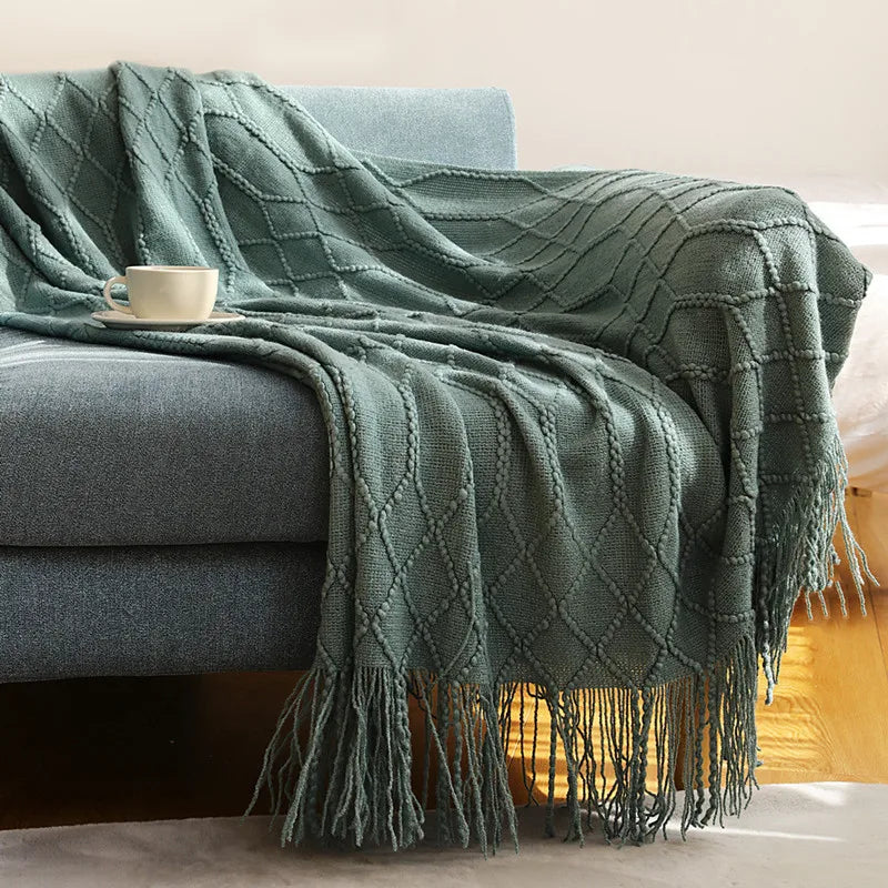 Khaki Knitted Acrylic Blanket with Tassels