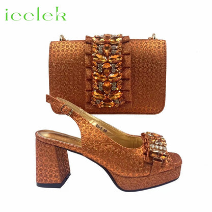 Orange Synthetic Fabric Women's High Heel Shoe and Bag Set