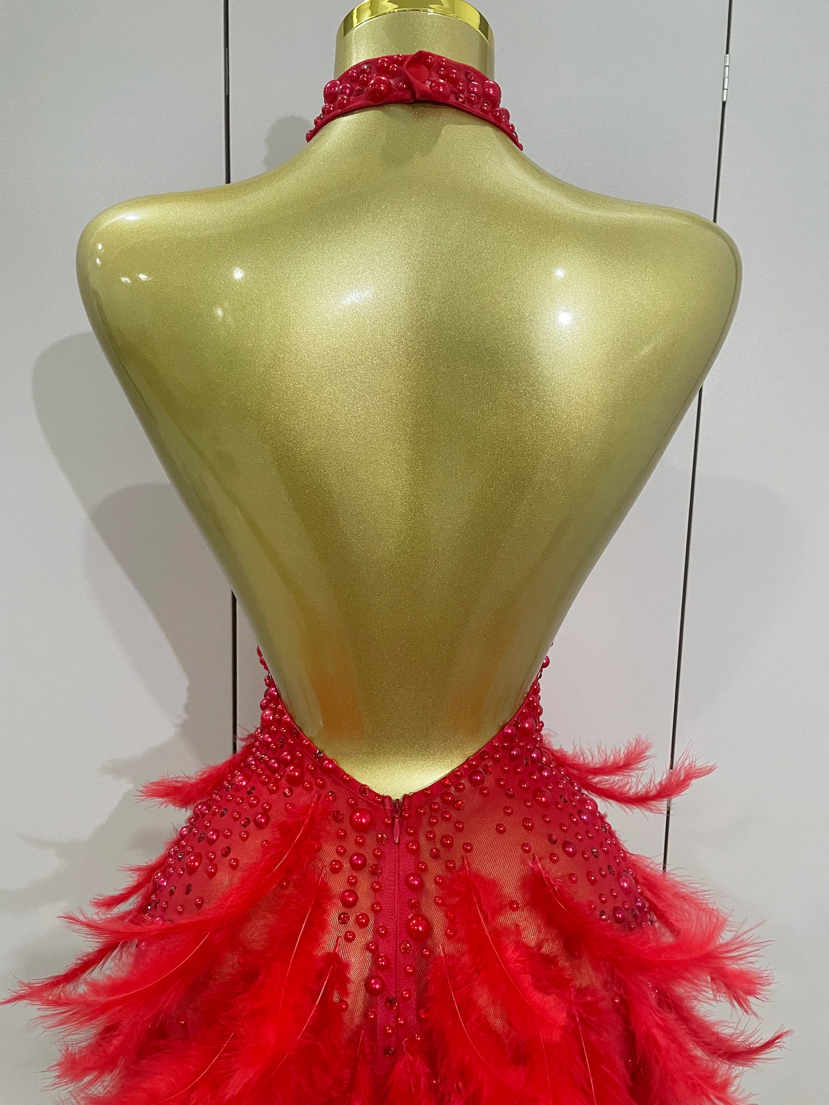 Luxury Rhinestones Pearls Feathers Halter Backless Dress