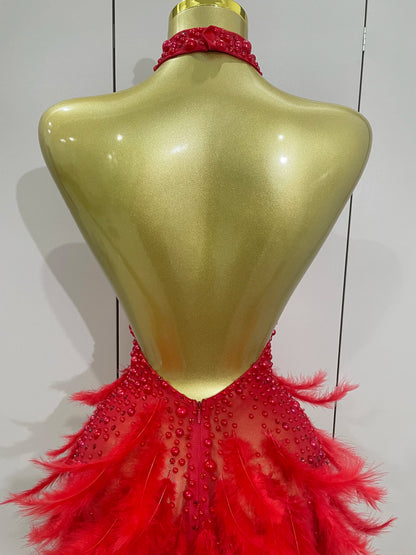 Luxury Rhinestones Pearls Feathers Halter Backless Dress