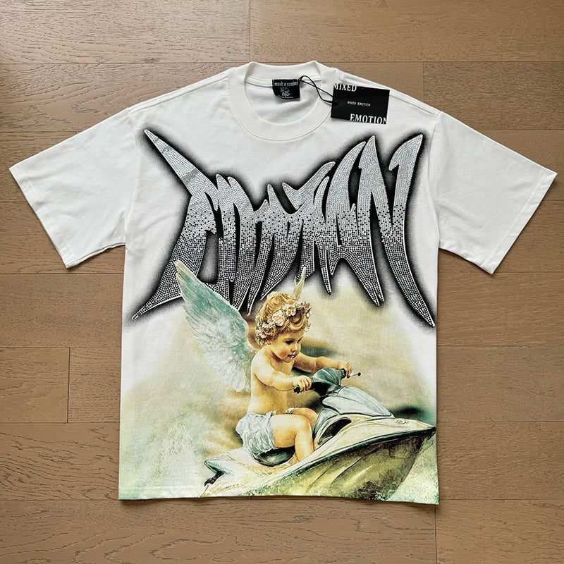 Mixed Emotion Cotton T-Shirt for Couples with Angel Print