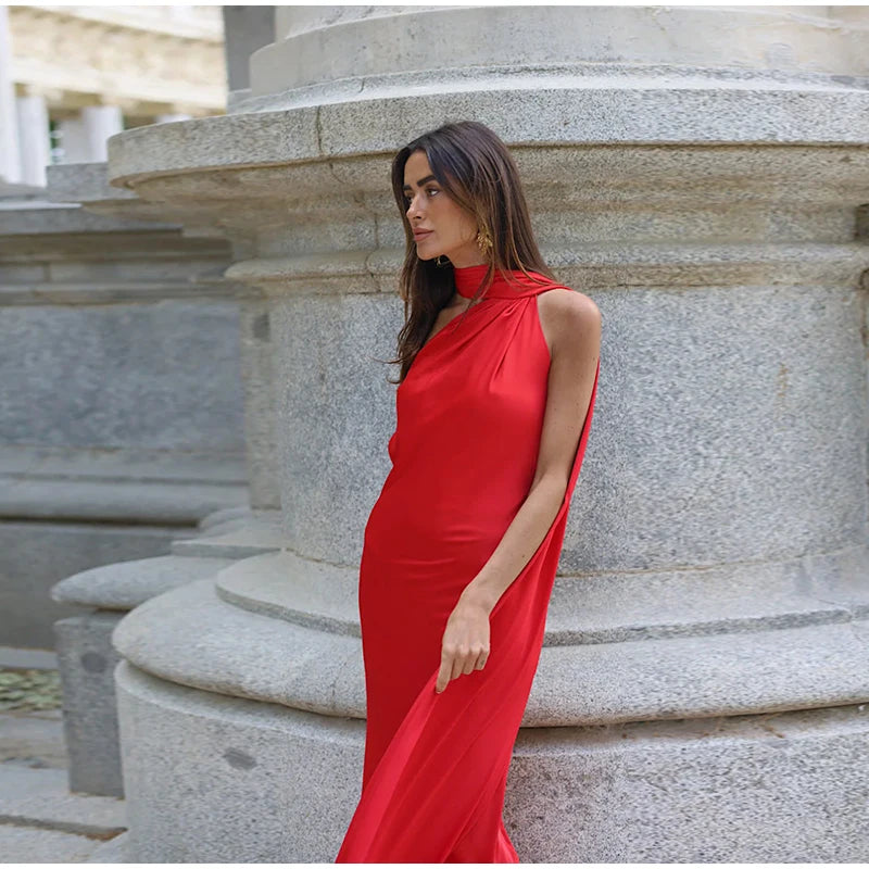 Elegant Halter Dress Women Solid Backless Maxi Dress