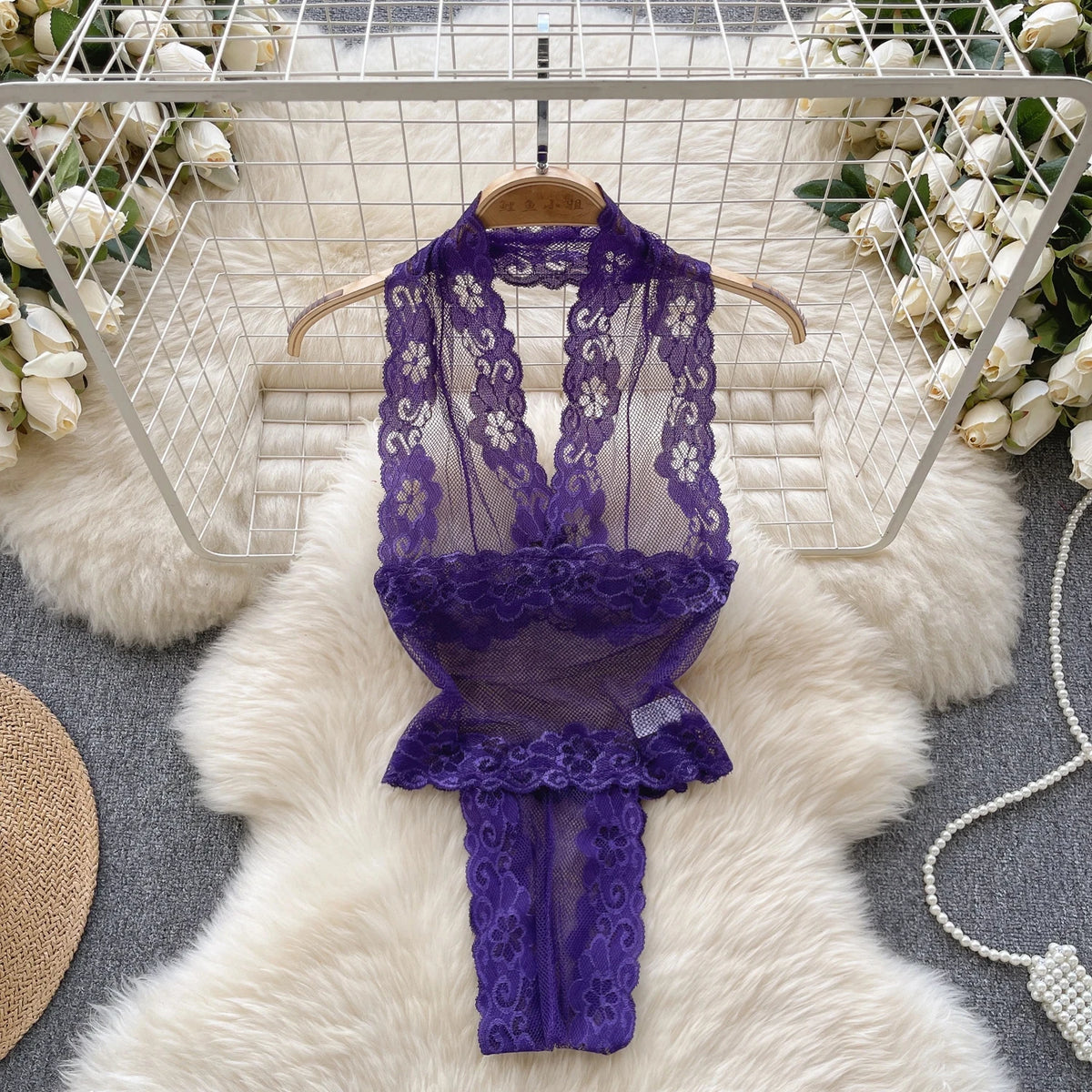 Women Transparent Lace Up Halter Bodysuit Romper