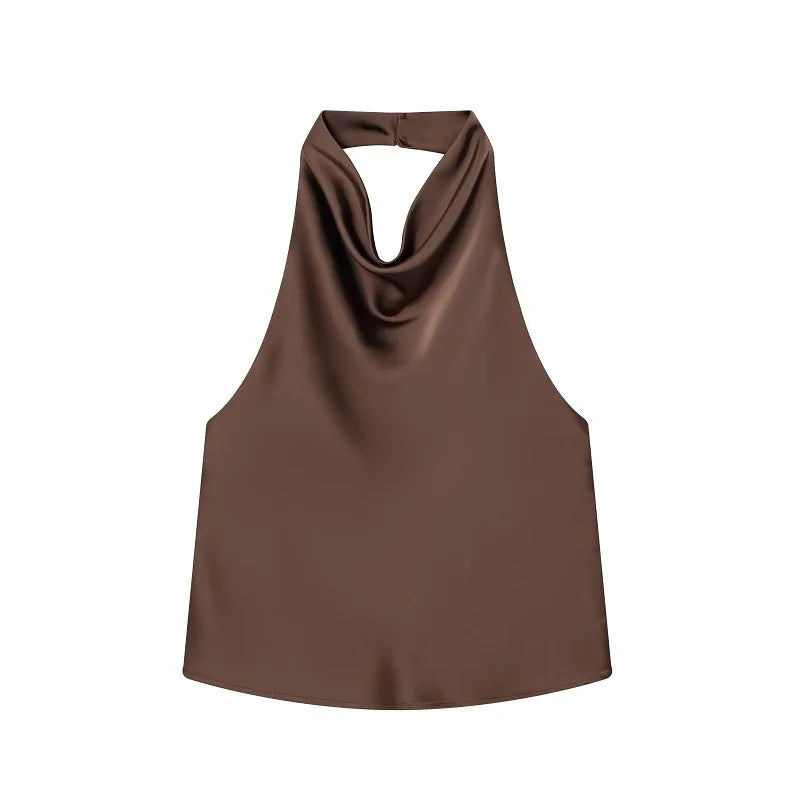 Black Satin Backless Halter Top for Women