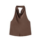 Black Satin Backless Halter Top for Women