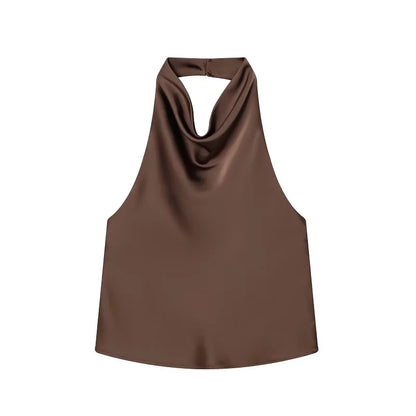 Black Satin Backless Halter Top for Women