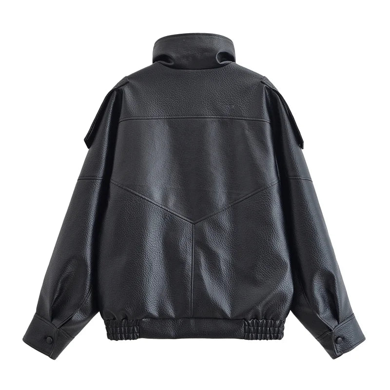 Black Long Sleeve Faux Leather Motorcycle Jacket