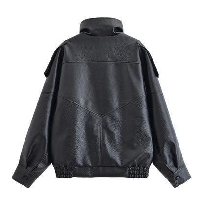 Black Long Sleeve Faux Leather Motorcycle Jacket