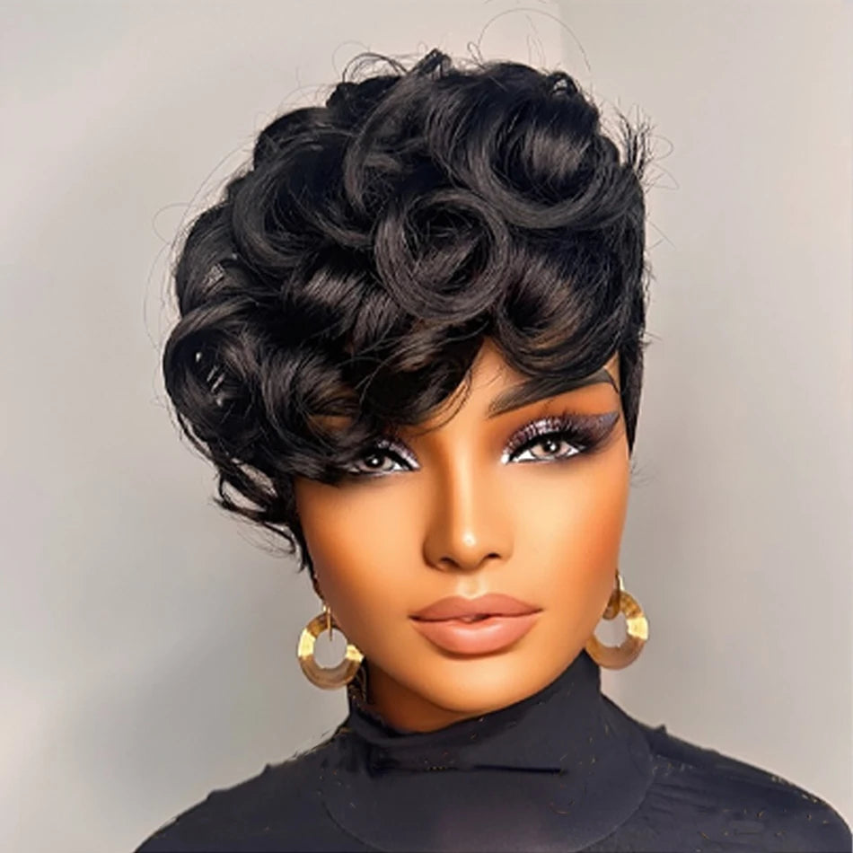 1B Pixie Cut Human Hair Wig Loose Curly Bangs 6 Inch