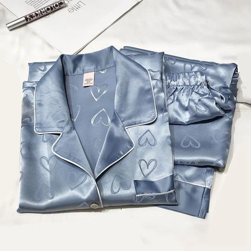 Girls' Long-Sleeved Lace Green Silk Pajamas Set