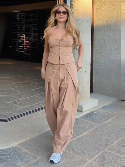 Corset Cami Two Piece Set with Pleated Wide Leg Pants