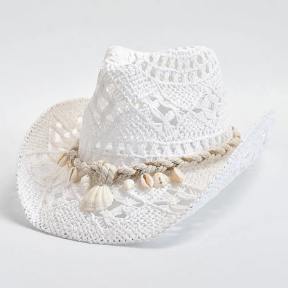 Hand Woven Straw Sun Hat for Women with Shell Decoration