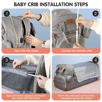 3 In 1 Waterproof Diaper Bag Backpack with USB Charge