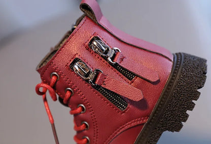 Burgundy PU Leather Ankle Boots for Kids