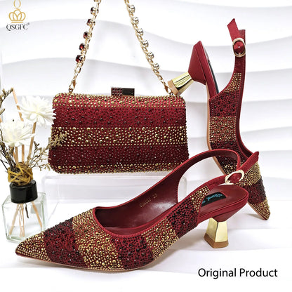Italian Luxury Green Rhinestone Shoes and Bag Set