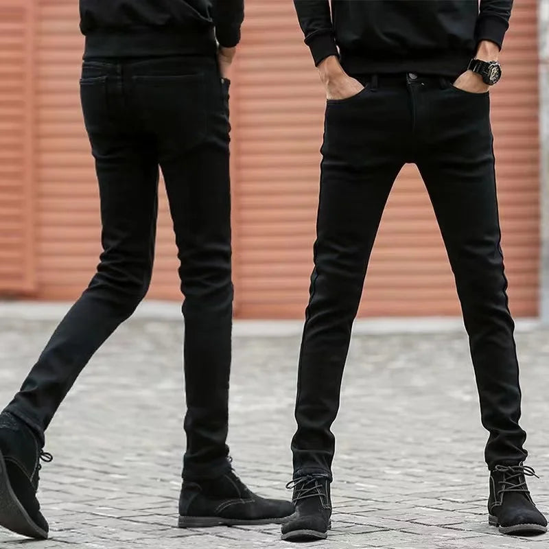 Mens Slim Fit Denim Pencil Pants Black White Stretch Jeans