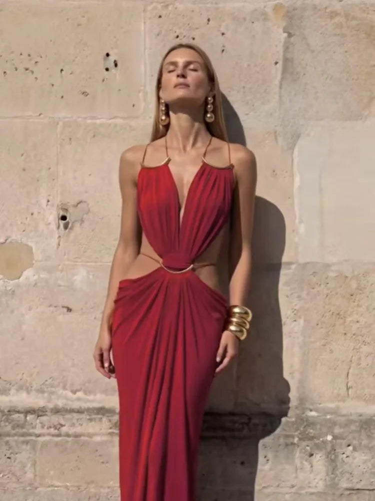 Backless Halter Dress for Women in Solid Polyester