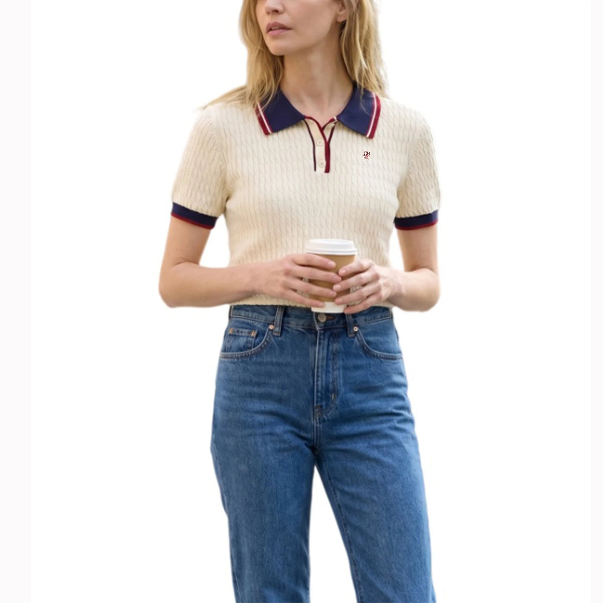 Embroidered Knit Polo Shirt Women Short Sleeve Cotton