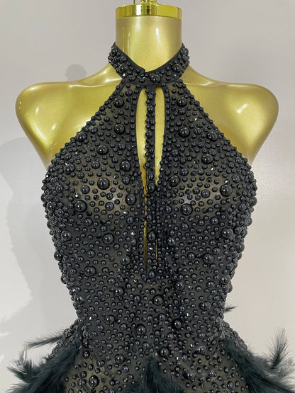 Luxury Rhinestones Pearls Feathers Halter Backless Dress