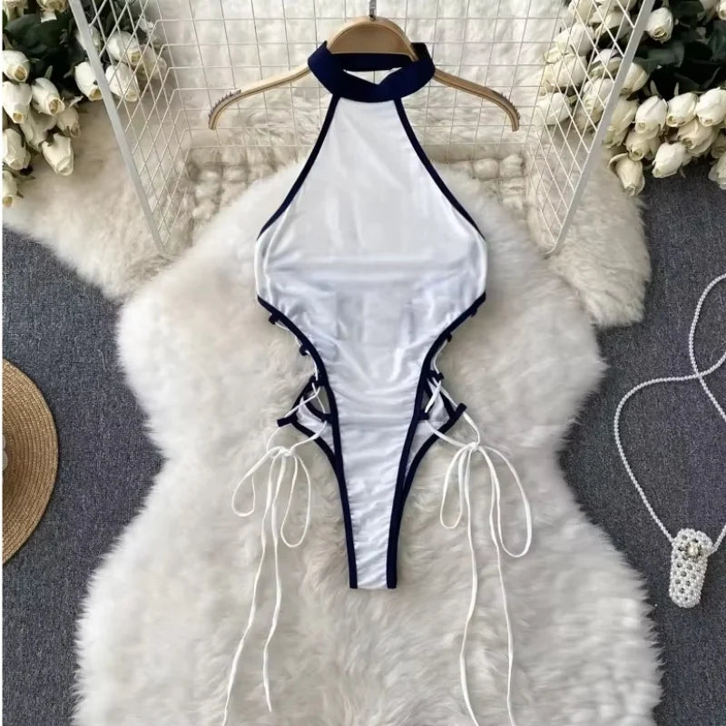Women Transparent Lace Up Halter Bodysuit Romper