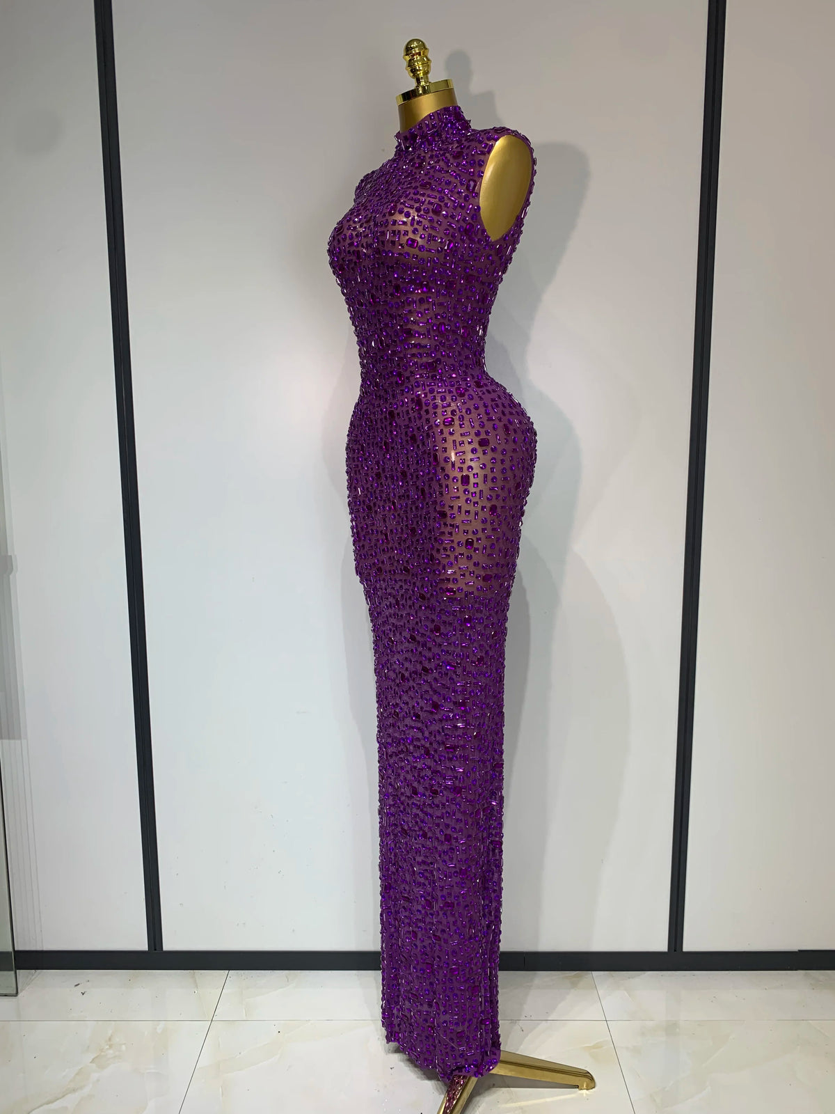 Gold Rhinestone Sleeveless Long Dress for Women