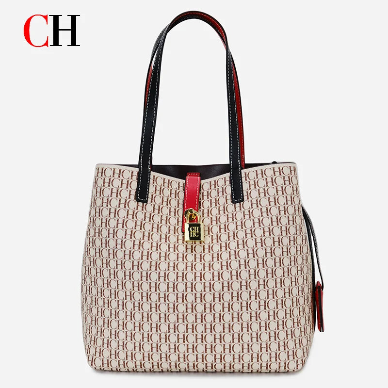 CH Women Monogram Print Shoulder Bag Large Capacity