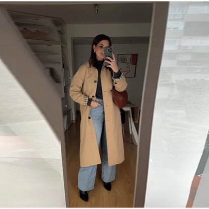 Double-Sided Long Trench Coat for Women with Pockets
