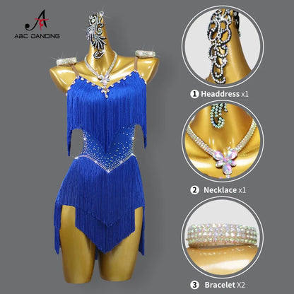 Latin Performance Dance Dress Women Blue Fringe Skirt