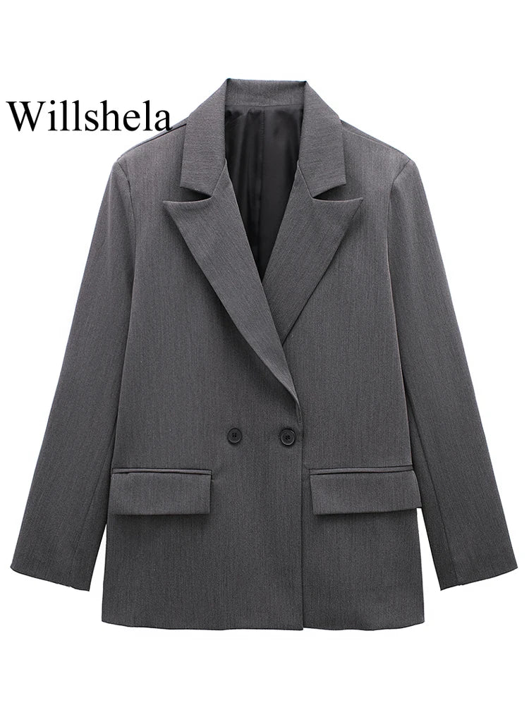 Willshela Women Vintage Double Breasted Blazer with Pockets