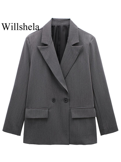 Willshela Women Vintage Double Breasted Blazer with Pockets