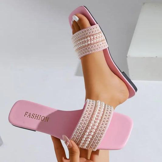 Women's Beaded Rhinestone Flat Sandals for Outdoor Use