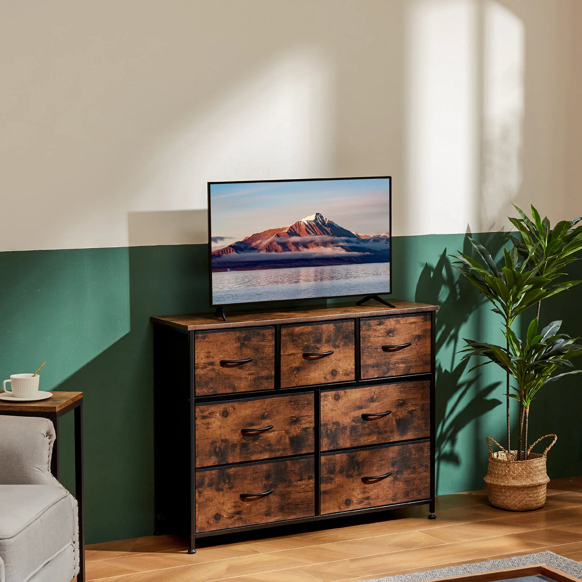 JHK Modern Wooden Dresser with 7 Fabric Drawers
