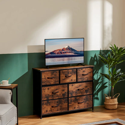 JHK Modern Wooden Dresser with 7 Fabric Drawers