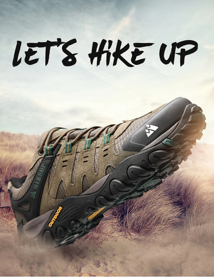 HIKEUP Men's Suede Leather Hiking Shoes Black Gray Khaki